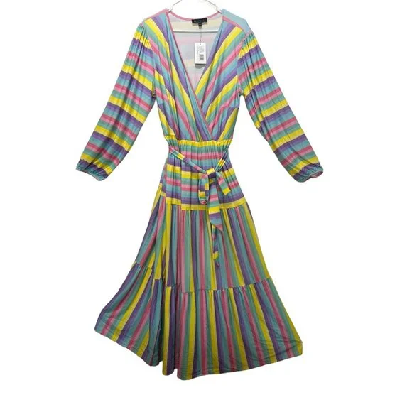 ELOQII Maxi Dress Womens 18 Easter Colorful Striped Tiered Ballon Long Sleeves - Picture 4 of 16